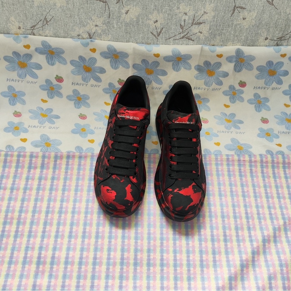 Alexander McQueen Black and Red Camouflage Leather Sneakers - Picture 1 of 7
